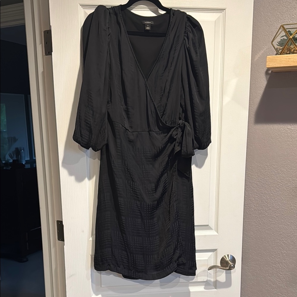 Halogen Black Ruched Wrap Dress with Plunge Neckline